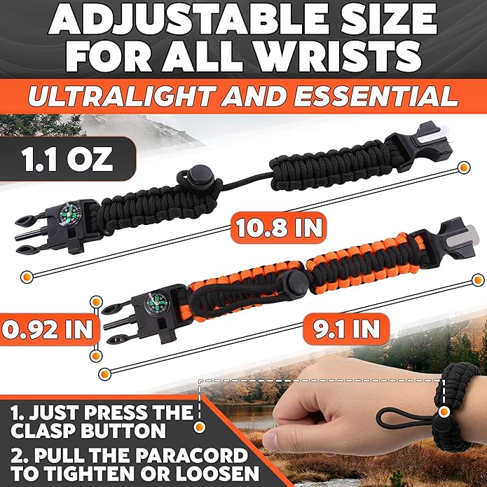 2Pack Survival Paracord Bracelet – 5-in-1 Adjustable Tactical Bracelet for Men with 10 ft Paracord, Flint Fire Starter, Compass, Whistle & Scraper – Survival Gear for Camping, Hiking, Fishing & Travel