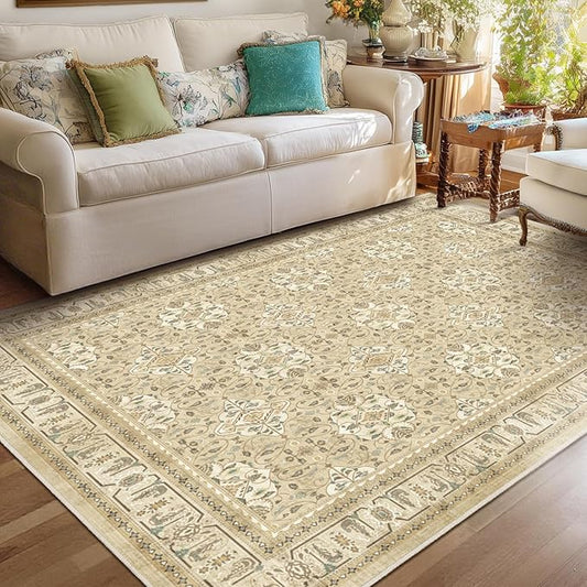 Boho Neutral 6x9 Area Rug, Non Slip Washable Rugs for Living Room Bedroom Low Pile Thin, Floral Moroccan Pattern Printed Carpet Rug for Dining Room Home Office Nursery Playroom, Warm Beige
