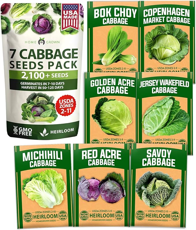 HOME GROWN 7 Cabbage Seeds for Planting - 2000+ Heirloom Seeds - Golden Acre,BokChoy,Savoy,Michihili, Red Acre, Copenhagen Market,Jersey Wakefield - Vegetable Seeds for Planting