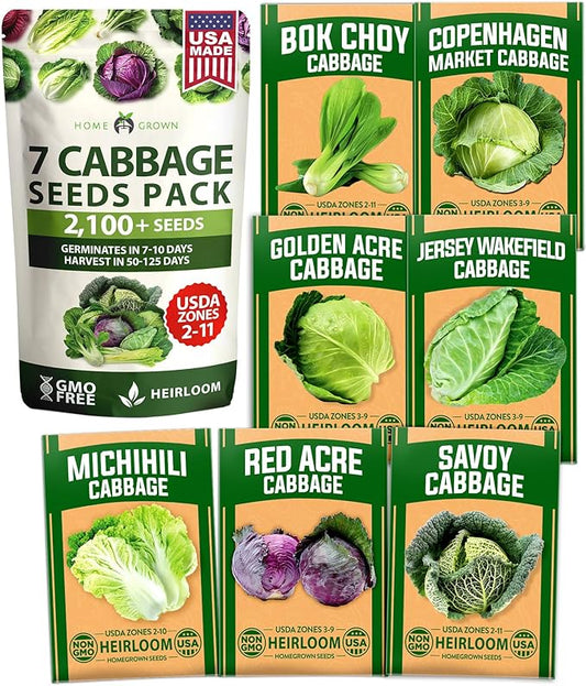 HOME GROWN 7 Cabbage Seeds for Planting - 2000+ Heirloom Seeds - Golden Acre,BokChoy,Savoy,Michihili, Red Acre, Copenhagen Market,Jersey Wakefield - Vegetable Seeds for Planting