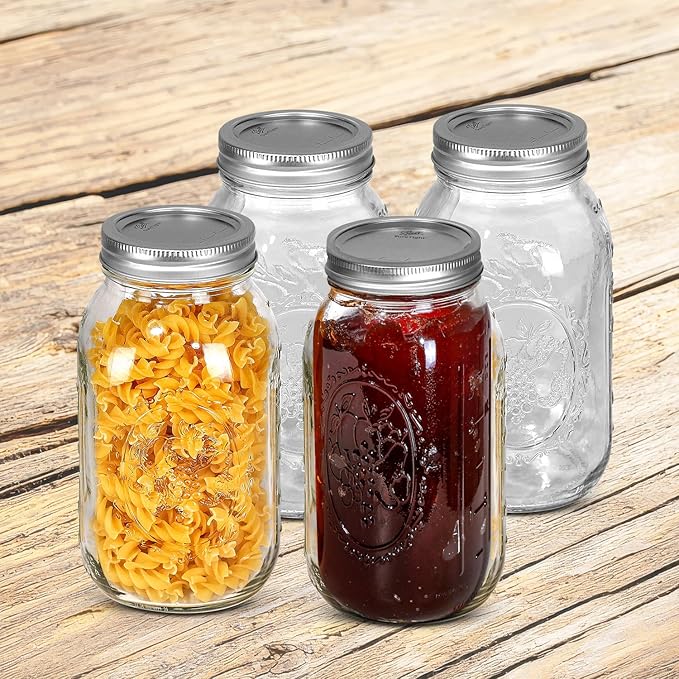 Ball Regular Mouth Mason Jars 32 oz. (4 Pack) - Quart Size Jars with Airtight Lids and Bands for Canning, Fermenting, Pickling, Meal Prep or DIY Decors and Projects Bundled with Peaknip Jar Opener