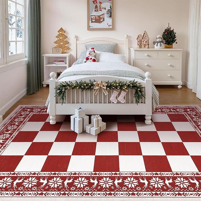GarveeHome Red Area Rugs 9x12 Living Room, Washable Rug for Christmas Decor, Indoor Non Slip Carpet, Checkered Soft Low Pile Christmas Rug for Bedroom, Dining Room