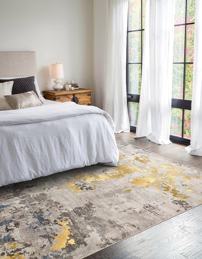 vivorug 9x12 Area Rugs for Living Room, Non Slip Machine Washable Modern Abstract Rug, Ultra-Thin Lightweight Large Area Rug Carpet for Bedroom, Dining Room, Low Pile Grey/Mustard