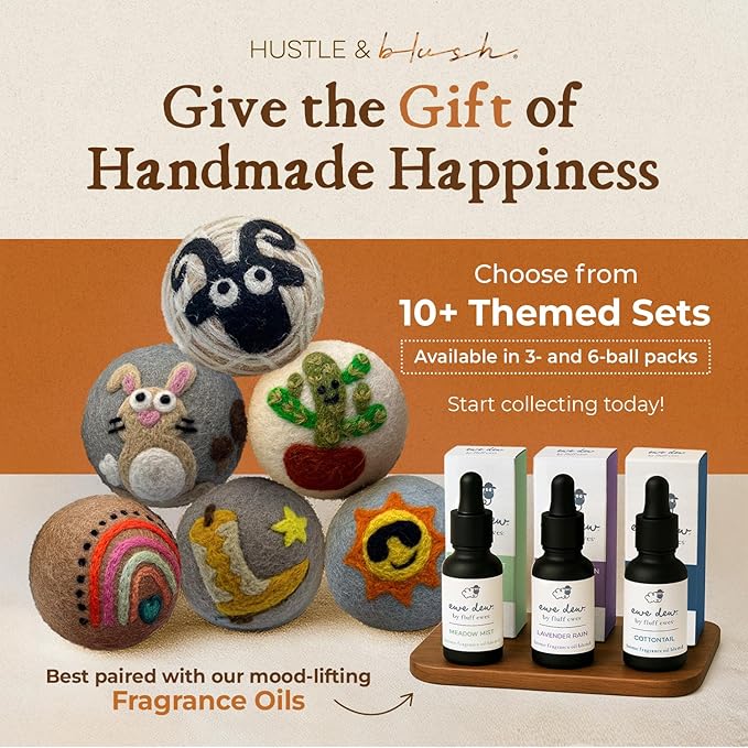 Hustle & Blush Fluff Ewes Wool Dryer Balls 6 Pack - XL Hedgehog and Homies Premium New Zealand Laundry Set, Reduces Drying Time, Static Control, Chemical Free, Ideal Holiday Gifts for Women & Men