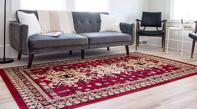 Unique Loom Taftan Collection Border Geometric Tribal Inspired Design Area Rug, 5 ft x 8 ft, Red/Gold