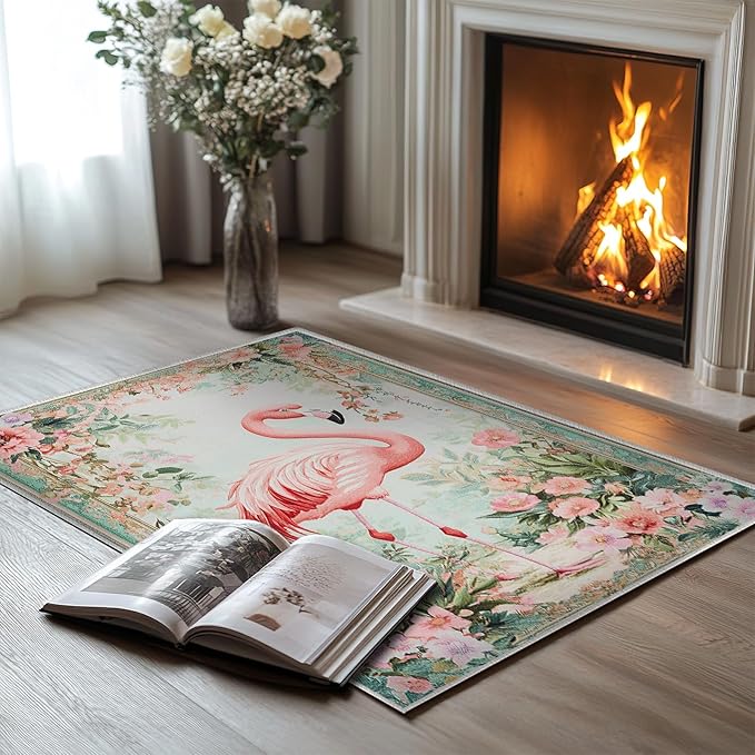 2x3 Flamingo Area Rugs Boho Floral Tropical Rug for Bathroom Kitchen Entryway Indoor Soft Non-Slip Thin Hippie Carpet Small Flower Doormat for Office Dining Room Under Table Washable Machine