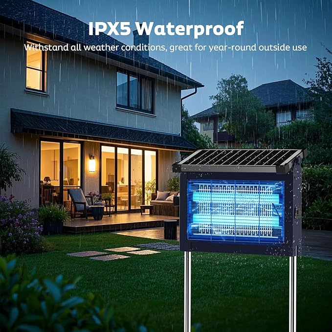 Solar Bug Zapper Outdoor with Projector Lights, Mosquito Zapper Waterproof Electric Fly Zapper Rechargeable with 10W Solar Panel, 4500V Cordless Fly Trap for Backyard, Patio, Garden, Camping