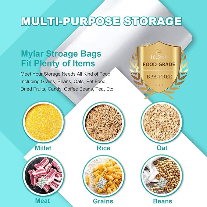 15PCS 5 Gallon Mylar Bags with 2500CC Oxygen Absorbers & Labels, 10.5 Mil Thick 17"x 27" Vacuum Sealer Bags Heat Sealable Bag for Long Term Food Storage