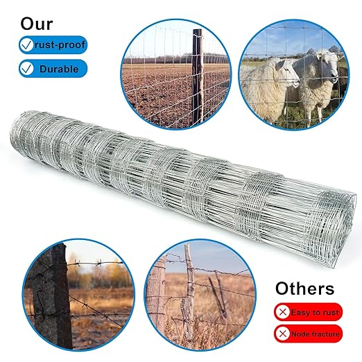 Farm Fence 3ft x 164ft Heavy Zinc Coating Cattle Fence,Galvanized Field Wire Fencing Deer Goat Hog Wire Fencing for Yard Livestock & Animals Protection
