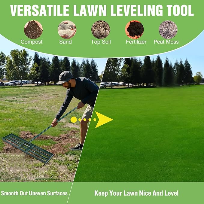 Yesker Lawn Leveling Rake 42 Inch for Soil Yard Leveling Rake with 42"x10" Ground Plate 72" Steel Handle Effort-Saving Heavy Duty Ground Leveler Tool for Backyard Garden Farm Golf Course Landscaping