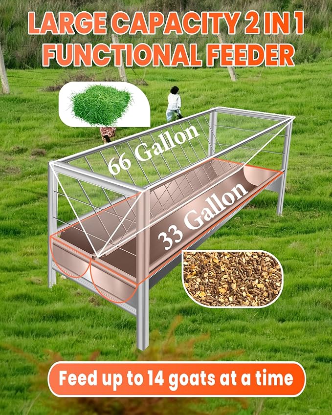 99 Gallon Pasture Hay Feeder, 2 in 1 Stainless Steel Goat Hay Feeder with Deeper Feeding Pan for Goat Sheep Horse, Detachable Livestock Feeder Ease of Assembly in Farm Outdoor, Silver