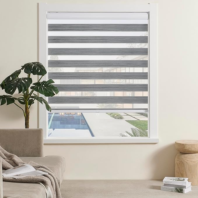 Cordless Zebra Blinds for Indoor Windows Free-Stop Zebra Shades Dual Layer Light Filtering Sheer Shades Roller Window Blinds for Home (21" W X 72" H, Grey)
