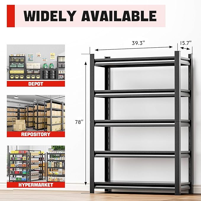 Garage Storage Shelf – Heavy Duty 5 Shelf Metal Shelving Rack for Garage, Workshop, and Utility Space, Large Capacity Shelf Organizer for Tools and Equipment 16" D x40 W x78 H（3 pcs）