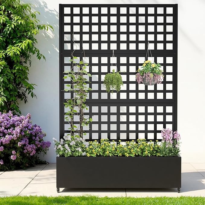 Metal Planter with Trellis& Wheels 72" x 47"x 15.7" Raised Garden Bed with Trellis,Privacy Planters for Patio,Garden Bed for Climbing Plants,Suitable for Climbing Plants and Vegetables,Black