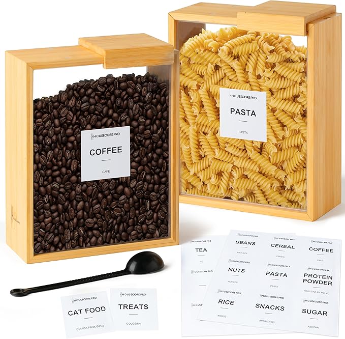 HouseCorePro 2 Pack Bamboo Food Storage Containers – Large 2.75L Food Dispenser with Measuring Spoon, 18 Labels, 6 Freshness Stickers, Wood Pantry Organizers and Storage for Dry Goods, 9.50x7.25x4in.