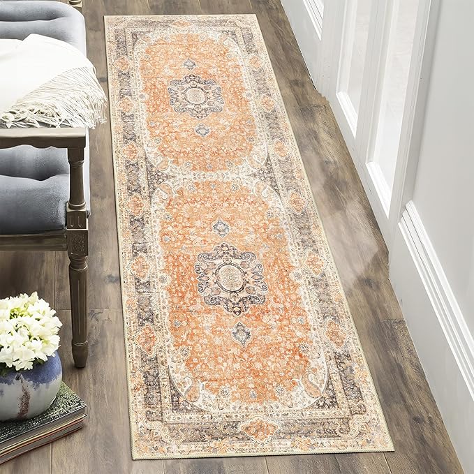 Washable Runner Rug 2x6,Boho Rug Runners Non Slip,Long Rugs for Hallways Kitchen Bedroom Entryway Bathroom,Vintage Bohemian Distressed Farmhouse Floor Carpet,Retro Orange Grey Floral