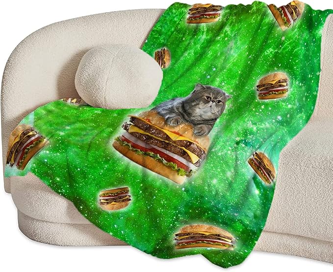 Funny Cat and Hamburgers Throw Blanket for Girls, Women, Kids, Adults - Ultra Soft Cozy Fleece Blanket for Couch, Sofa, Bed - Cat Lovers Gift 60"x80"