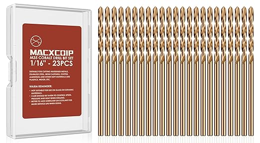 1/16" (23pcs) Cobalt Drill Bit Set, M35 High Speed Steel Jobber Length Drill Bit Kit for Hardened Metal, Stainless Steel, Cast Iron, Wood and Plastic, with Storage Case
