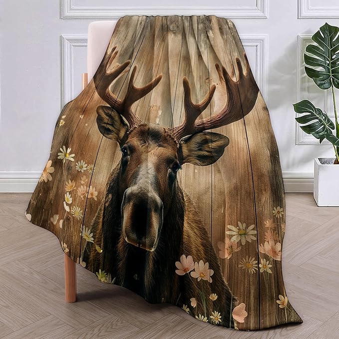Moose Blanket Gifts for Adults Kids Soft Warm Lightweight Cozy Vintage Wooden Animal Floral Throw Blankets for Bed Sofa Couch Living Room Decor 80x60in