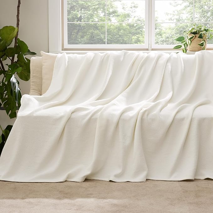 Bedsure 100% Cotton Blanket Full Size for Bed - Breathable and Lightweight, Soft Cozy Textured Herringbone Woven Blanket for Summer Spring, Ivory, 80x90 inches
