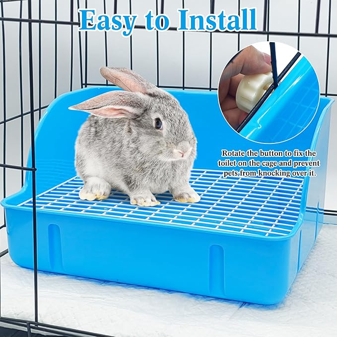 kathson Rabbit Litter Box Toilet Pet Potty Trainer Cage Corner Tray Pan Litter Bedding Box Hanging Water Fountain Automatic Dispenser for Adult Guinea Pigs Rabbits Hamster Chinchilla Ferret Blue