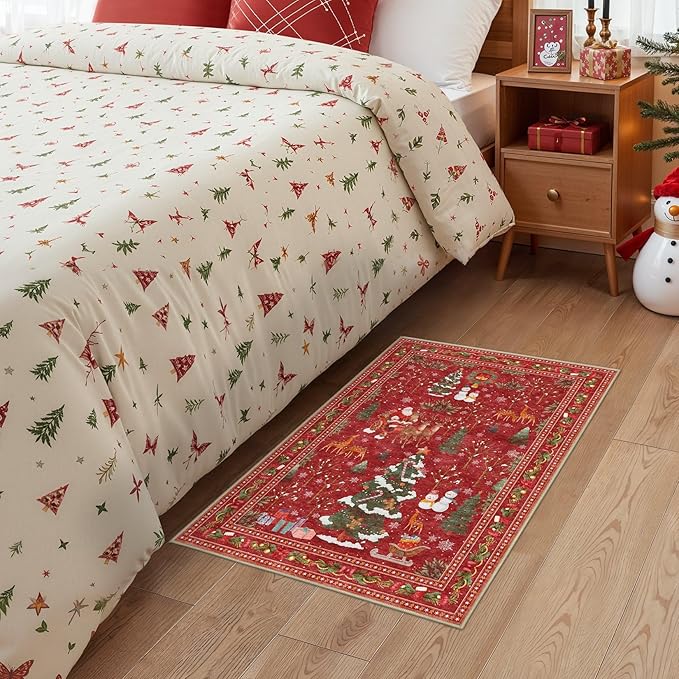 Christmas Entryway Area Rug: 2x3 Washable Neutral Modern Non-Slip Low Pile Festive Carpet for Entrance Kitchen Front Door Mat Kids Room Indoor Entry Holiday Decor - Red