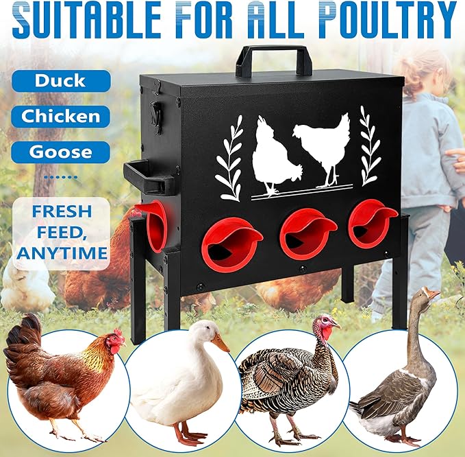 Chicken Feeders, 50 lb Capacity 8 Port Automatic Chicken Feeder, Metal Chick Feeders with Locking Lid and Legs, Chicken Feeder for Chickens, Ducks, Geese