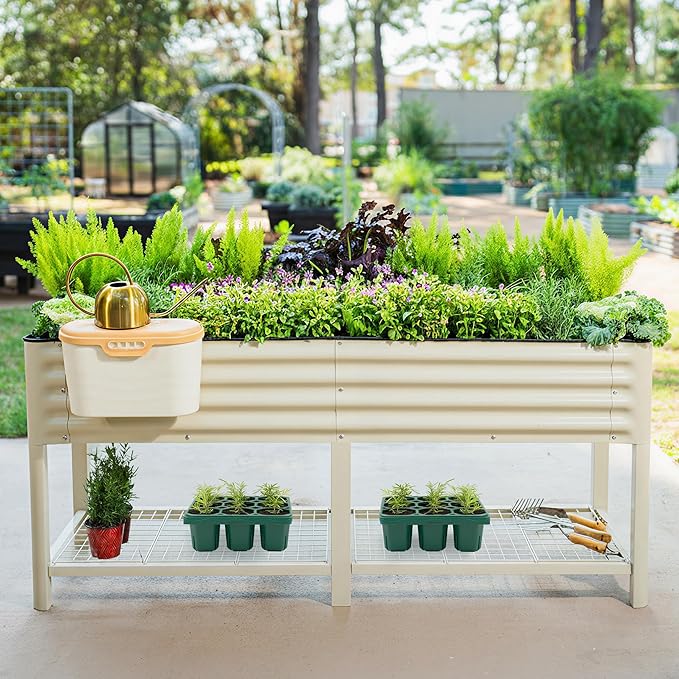 Elevated Raised Garden Bed-V Series, 2' x 6' Garden Beds with Legs & Storage Rack for Patio Porch, 1000 Lbs Weight Capacity, Outdoor Planter Boxes for Gardening Herbs Vegetables Flowers, Pearl White