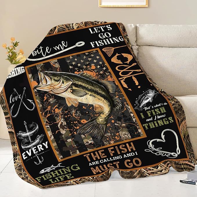 Dynova Fishing Blanket Cozy Plush Fish Throw Blankets Fuzzy Flannel Fleece Camo Fisherman Gifts Decor for Boys Men 80"X60"