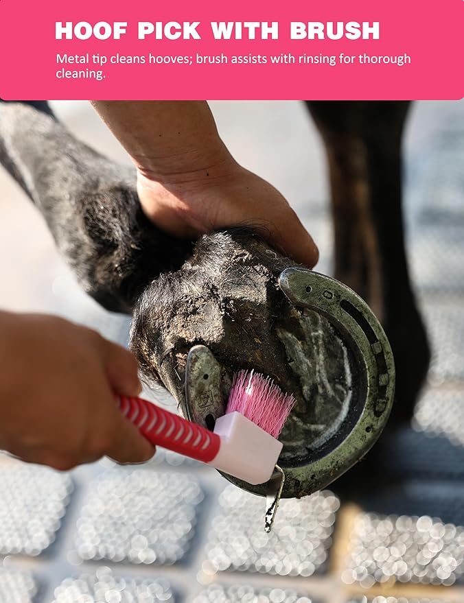 9PCS Horse Grooming Kit Curry Comb Sweat Scraper Horse Bathing Supplies Grooming Tools with Storage Bag Pink Garnet