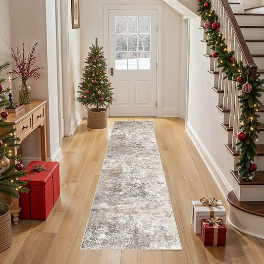 2X8 Washable Runner Rug for Hallway: Soft Neutral Modern Abstract Area Rug - Non-Slip Low Pile Long Throw Indoor Carpet for Kitchen Entryway Kitchen Bedroom Laundry- Brown Grey