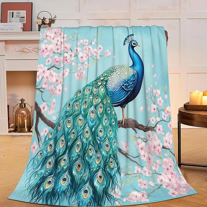 Peacock Fleece Throw Blanket - Cozy Warm Plush Soft Lightweight Animal Decor Flannel Bedding Stuff - Gifts for Lovers Girls Boys Adults Women - Bed Travel 50"x60"