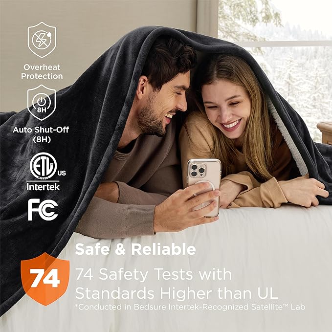 Bedsure Electric Blanket Queen Size - Dual Control Heated Blanket Queen, Fast Heating with 10 Time Settings & 10 Heat Settings, Warm Gift for Grandma (84x90 inches, Black)