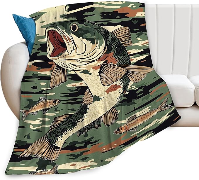 Bass Fish Blanket Fishing Throw Blanket Soft Warm Cozy Fuzzy Plush Camo Fishes Throw Blanket Gifts for Girls Women Fish Lightweight Fleece Flannel Gift Blankets for Kids Adults 60"X80"