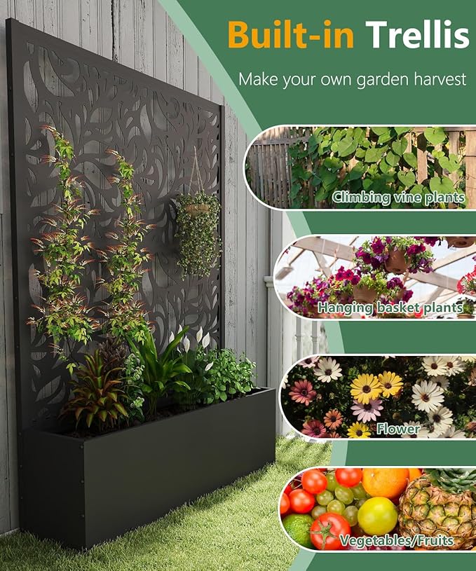 2PCS Metal Planter Box with Trellis,70.9"x47.2"x15.7" Raised Garden Bed with Drainage Holes, Privacy Planters for Outdoor Garden Bed for Climbing Plants,Vegetables,and Vines, Black-Flower