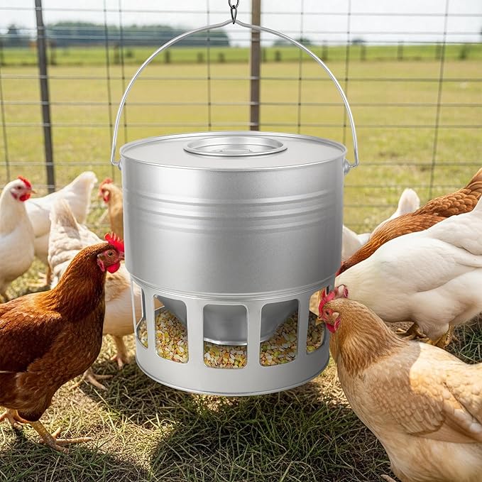 KOL Hanging Chicken Feeder – 20lbs Metal Chicken Feeder, Adjustable Poultry Feeder with 12 Ports, No Installation & Universal Height Design (Silver)