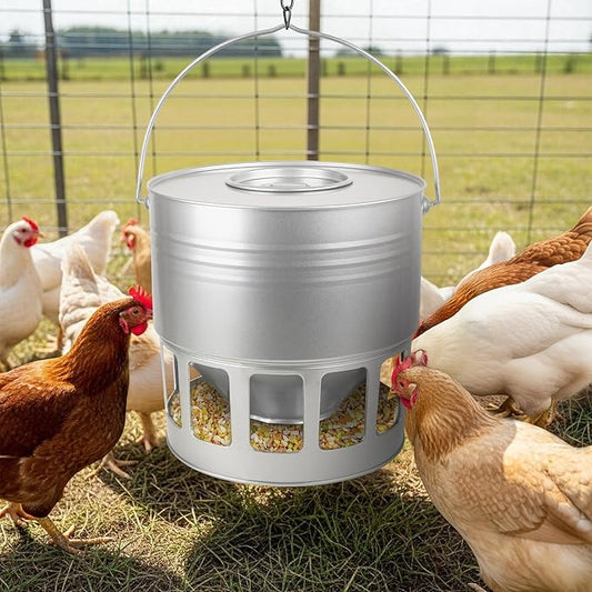 KOL Hanging Chicken Feeder – 20lbs Metal Chicken Feeder, Adjustable Poultry Feeder with 12 Ports, No Installation & Universal Height Design (Silver)