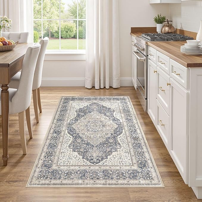 3x5 Washable Entryway Rug: Non-Slip Soft Indoor Throw Area Rug for Living Room Bedroom Kitchen, Boho Floral Distressed Durable Carpet for Hallway Bathroom Laundry Home Decor (Blue/Beige)
