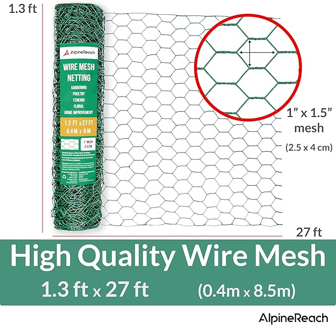 AlpineReach Chicken Wire 1.3ft x 27ft (15.6" x 324") for Floral Arrangements, Zip Ties - Green Mesh Roll Galvanized Hexagonal PVC Coated Garden Netting for Fencing, Crafts, Poultry, Gardening Fence