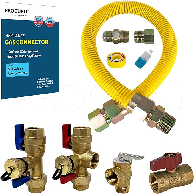 PROCURU 1" OD x 24" (2Ft) x 3/4"MIP x 3/4"FIP Flexible Gas Connector Kit with Gas Valve and Service Valve Kit (FxF), Stainless Steel MaxFlow Tubing for Tankless Water Heater (Blue-E1 Series)