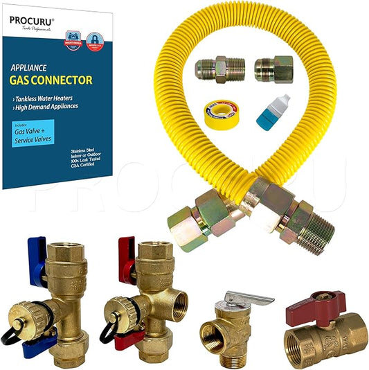 PROCURU 1" OD x 18" (1.5Ft) x 3/4"MIP x 3/4"FIP Flexible Gas Connector with Gas Valve and Service Valve Kit (FxF), Stainless Steel MaxFlow Tubing for Tankless Water Heater (Blue-E1 Series)