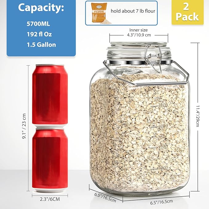 1.5 Gallon Glass Jars With Airtight Lid, Gallon Mason Jars Wide Mouth w Scale Marks(192 FL Oz), Glass Storage Containers with Lids And Sturdy Handles For Flour, Sugar, Baking Supplies, Set of 2