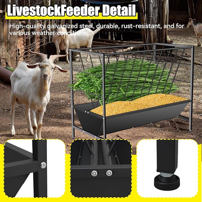 Pasture Hay Feeder 69 Gallon, Livestock 2 in 1 Hay and Grain Feeder, Heavy-Duty Galvanized Metal Goat Feeder with 2 Trays, Pasture Feeder for Goat, Sheep, Foal, Sheep