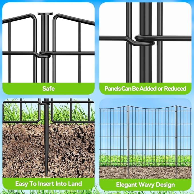 INJOPEXI Decorative Garden Fence 6 Panels 11.8ft(L)×30in(H) Garden Fences Outdoor with 6 Panels Rustproof Metal Wire No Dig Temporary Animal Barrier Fencing for Backyard Patio - Without Fence Gate