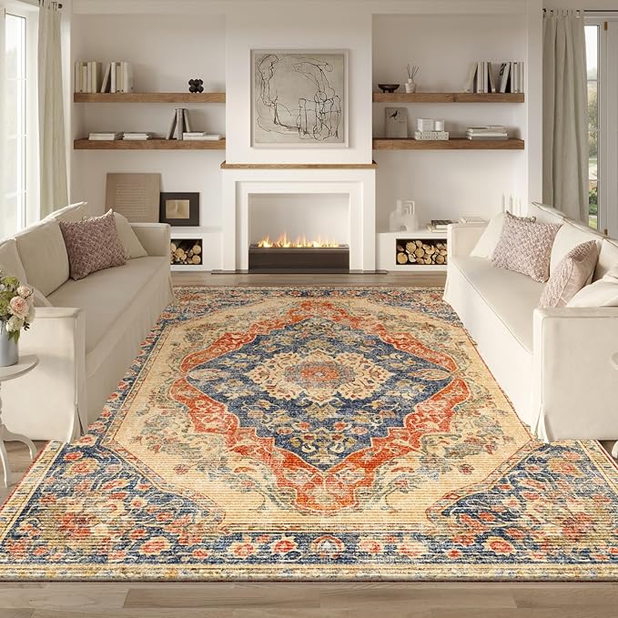 Area Rug 5x7 Living Room,Machine Washable Rugs,Stain Resistant Soft Thin Non-Slip Floral Carpet, Orange Boho Vintage Home Decor,for Indoor Bedroom,Office,Farmhouse,Dining,Dorm