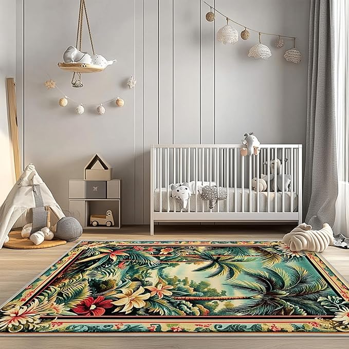 6x9 Tropical Rainforest Area Rugs Boho Forest Botanical Rug for Living Room Indoor Soft Non-Slip Thin Large Carpet Green Rugs for Bedroom Home Decor Under Table Washable Machine