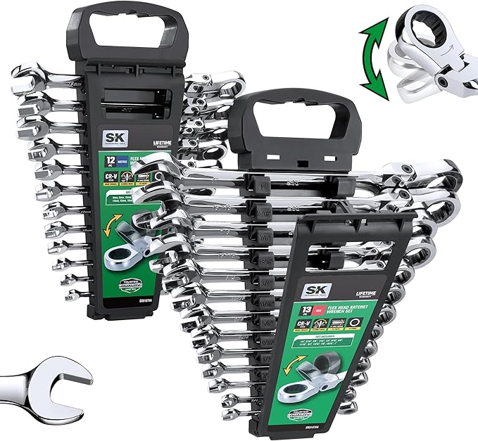 SK Flex-Head Ratcheting Wrench Set, Combination Wrench Set, 25-Piece, SAE 1/4" to 1", Metric 8 to 19mm, 72-Tooth, Premium CR-V Construction, with Rack Organizer