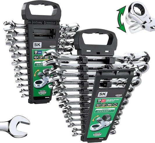 SK Flex-Head Ratcheting Wrench Set, Combination Wrench Set, 25-Piece, SAE 1/4" to 1", Metric 8 to 19mm, 72-Tooth, Premium CR-V Construction, with Rack Organizer