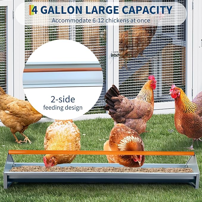 45" Chicken Feeding Trough, Galvanized Steel Chicken Feeder with Crossbar & Drainage Holes, Large Capacity Poultry Feeder Trough for Chicks, Duck, Goose, Turkey, Rabbit, Pigeon Orange