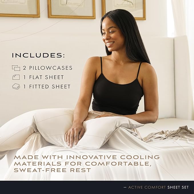 SHEEX - Active Comfort Cooling Sheets Set (Queen) Parchment - Moisture Wicking - 1 Flat Cooling Sheet, 1 Fitted Cooling Sheet, 2 Cooling Pillow Covers - Wrinkle Free - Sleep Aid